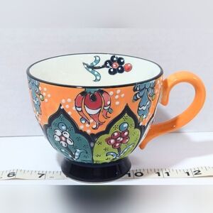 World Market Hand-Painted Floral Ceramic Mug Orange Microwave Dishwasher Safe